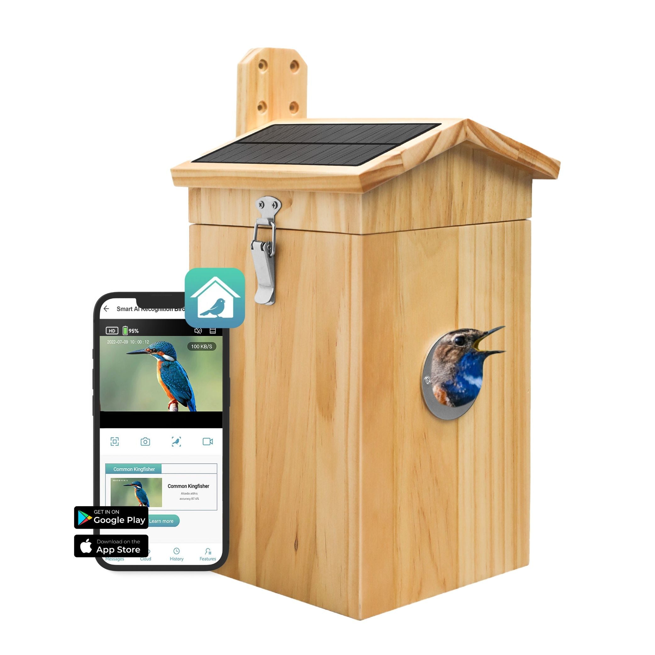 Moderne Vogelhuis met Camera en Geluid - Houten Nestkast met Zonne-energievoorziening