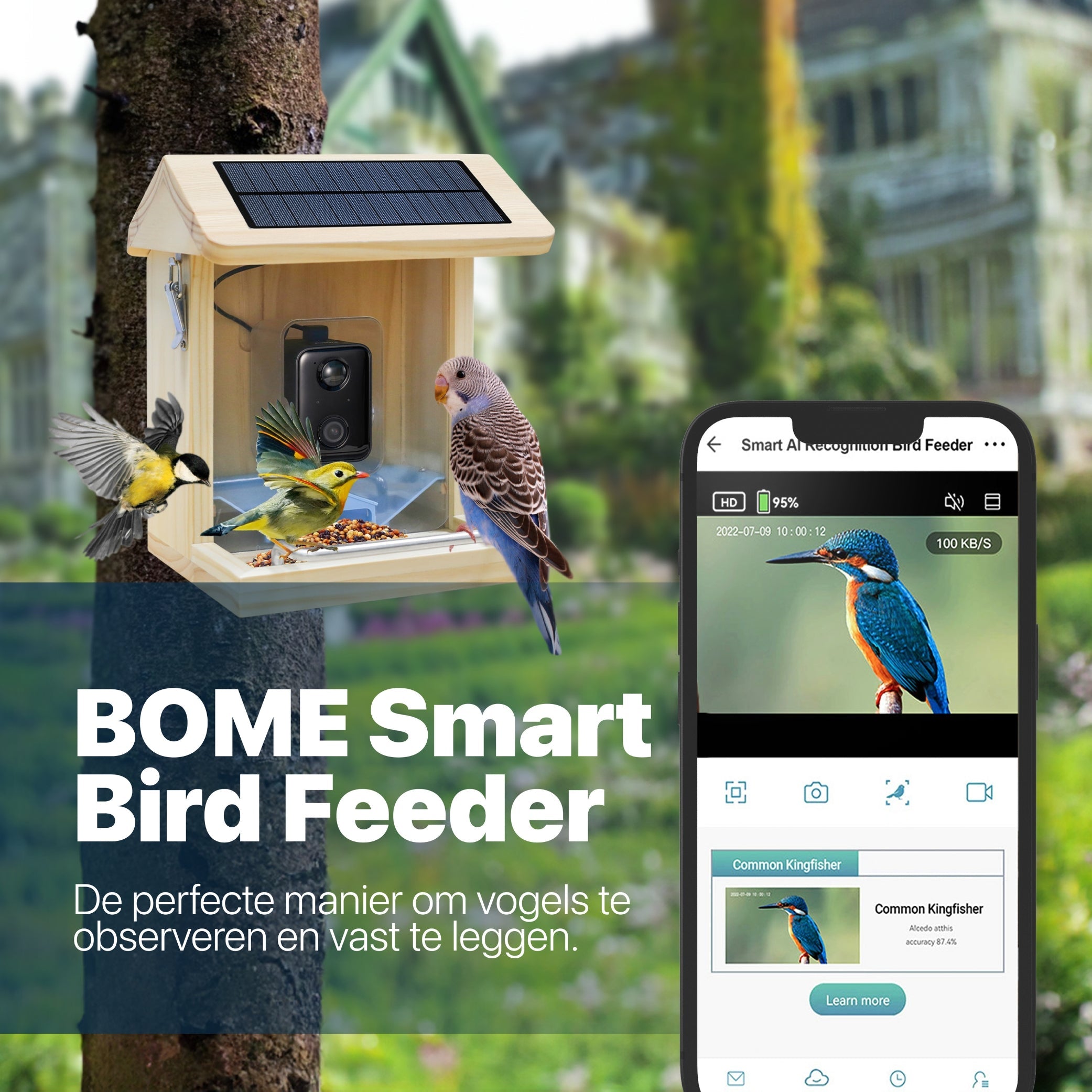 Premium Vogelvoederhuis met Camera en Audio - Slimme AI Vogelherkenning - Duurzaam Hout - Dubbel Zonnepaneel - Hangend Design - modernized.nl