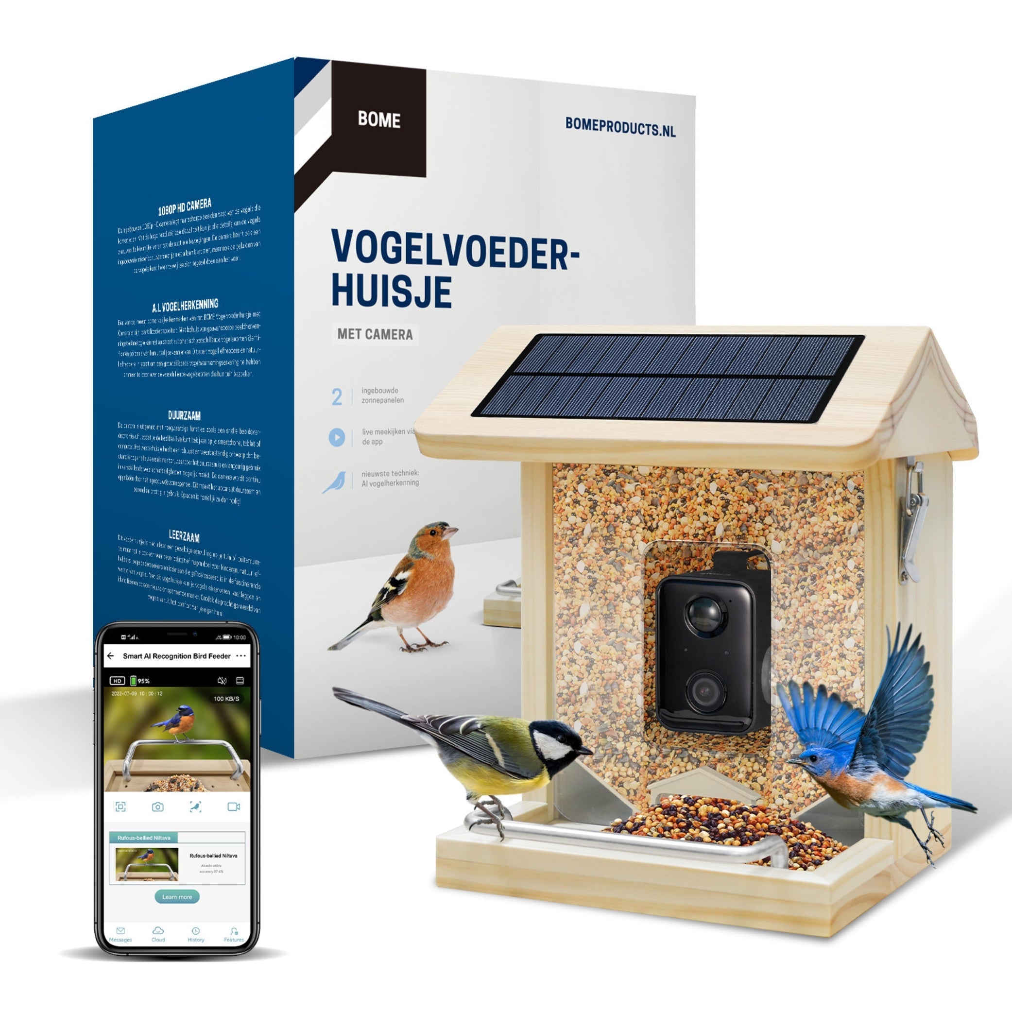 Premium Vogelvoederhuis met Camera en Audio - Slimme AI Vogelherkenning - Duurzaam Hout - Dubbel Zonnepaneel - Hangend Design