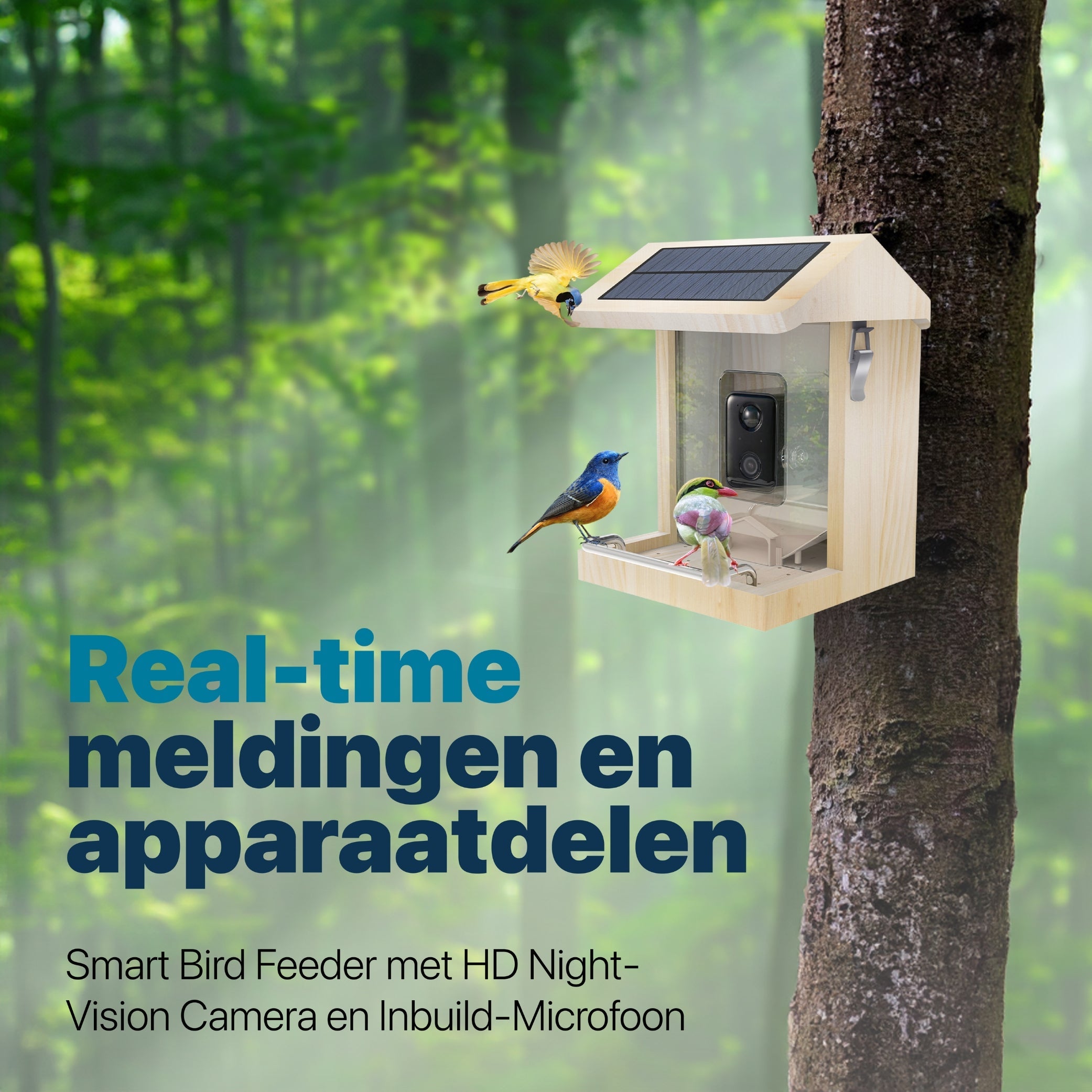 Premium Vogelvoederhuis met Camera en Audio - Slimme AI Vogelherkenning - Duurzaam Hout - Dubbel Zonnepaneel - Hangend Design - modernized.nl