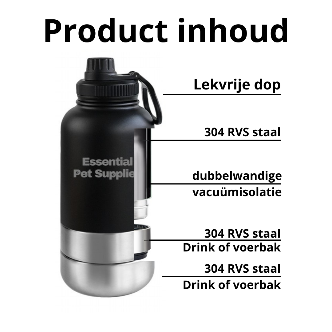 Waterfles met voederbak van 1000ml | Zwart